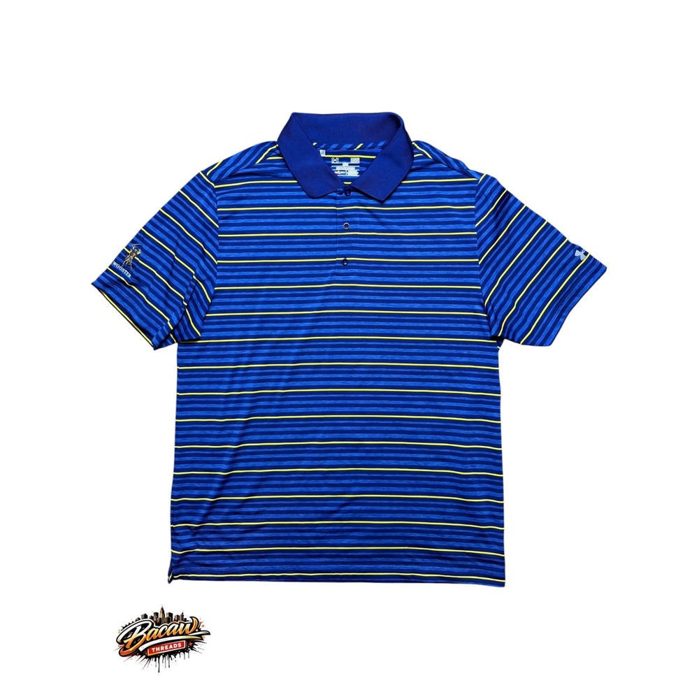 Under Armour Mens HeatGear Polo Shirt Blue Yellow Striped Logo Large